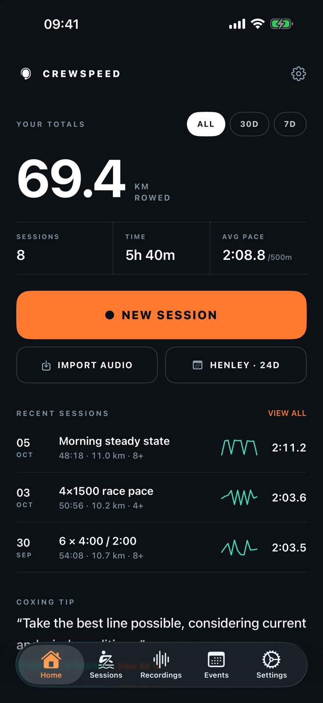 CrewSpeed home screen in dark mode