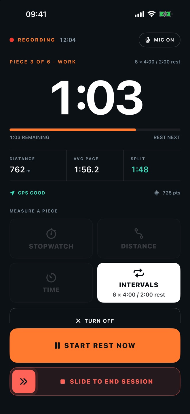 CrewSpeed live piece screen in dark mode