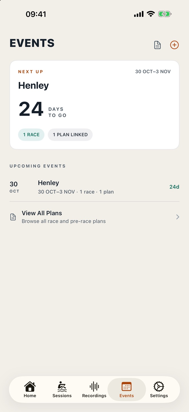 CrewSpeed events screen: Henley next up in 24 days, with one race and one plan linked