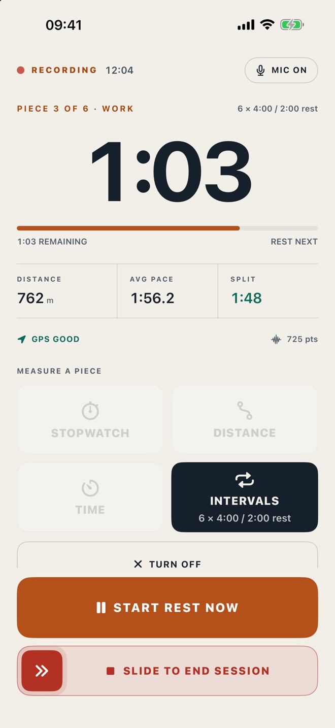 CrewSpeed live piece: piece 3 of 6, 1:03 remaining, 762 m, 1:48 split