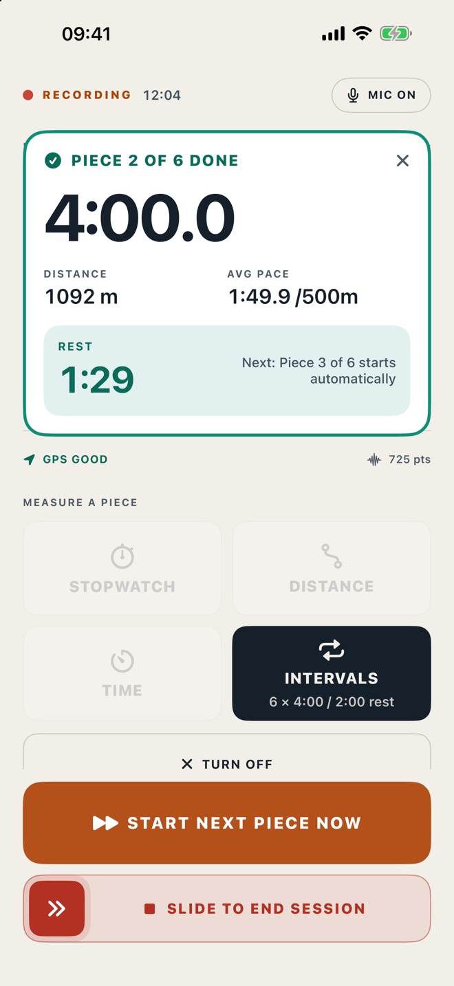CrewSpeed rest screen: piece 2 of 6 done in 4:00.0 over 1092 m, 1:29 of rest left
