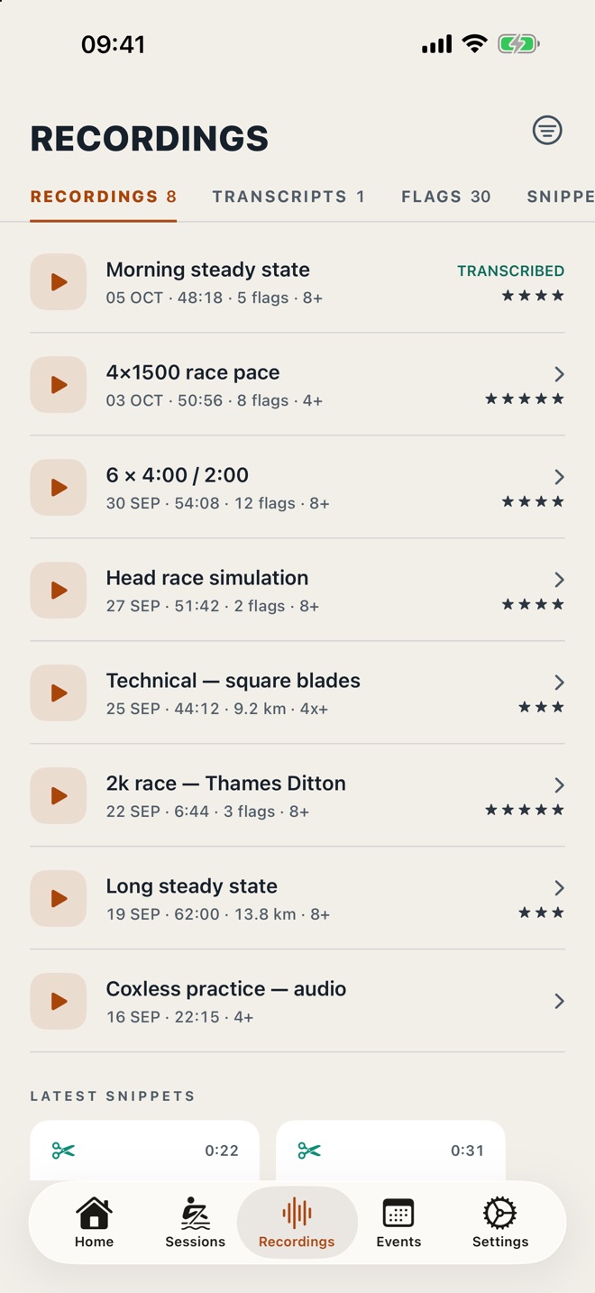 CrewSpeed recordings list with eight sessions, their flags, ratings and one transcribed recording