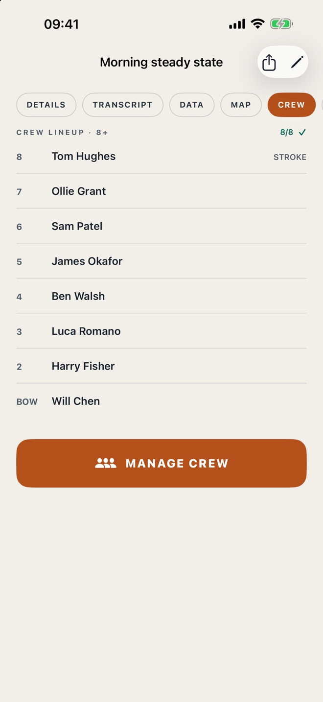 CrewSpeed crew lineup for an eight, from bow to stroke, with a Manage Crew button