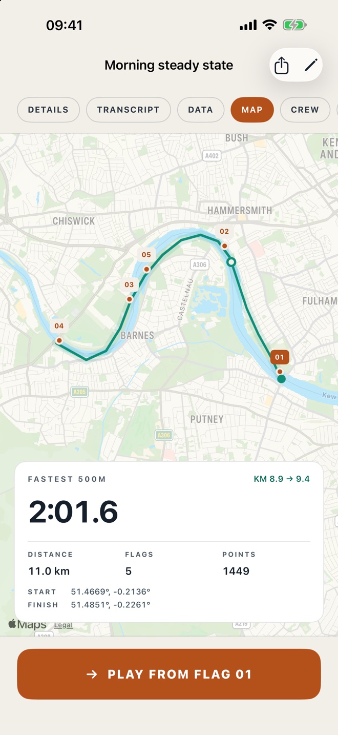 CrewSpeed route map on the Thames with five numbered flag pins and a fastest 500 m of 2:01.6