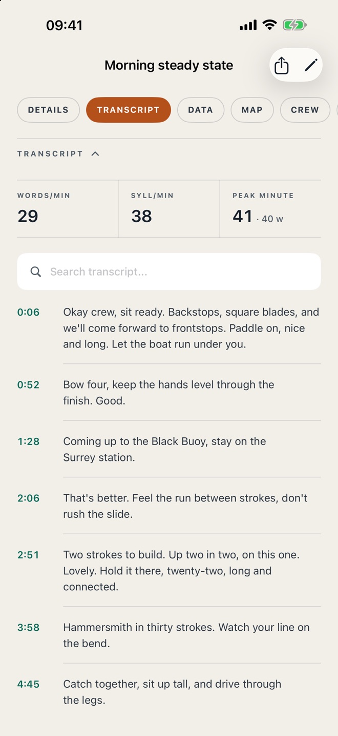 CrewSpeed transcript of a steady state session: 29 words per minute, a search box and timestamped calls
